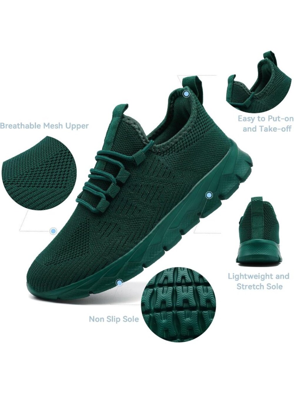 Women's Green Non Slip Mesh Breathable Casual Comfort Imported Walking Sneakers - Picture 3 of 6